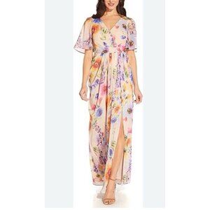 Adrianna Papell Midi Dress 12 Floral Short Sleeve Party Wedding Cruise